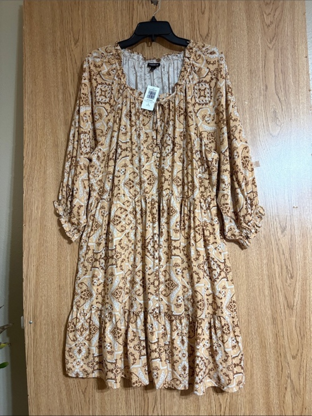 torrid Tan Paisley Ruffle-Neck Tiered Midi Dress